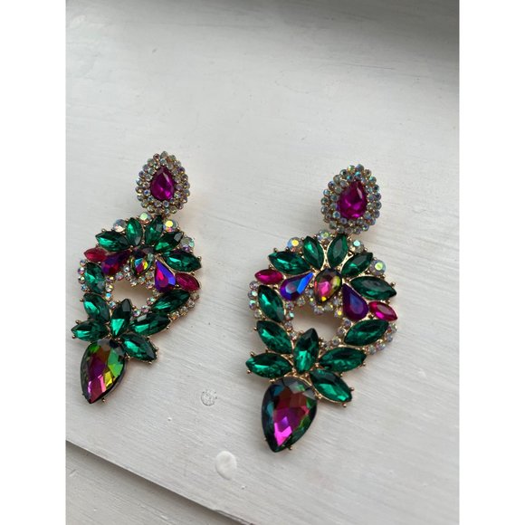 Big green fuchsia earring large Ab earrings large rhinestone crystal chandelier - Picture 5 of 7